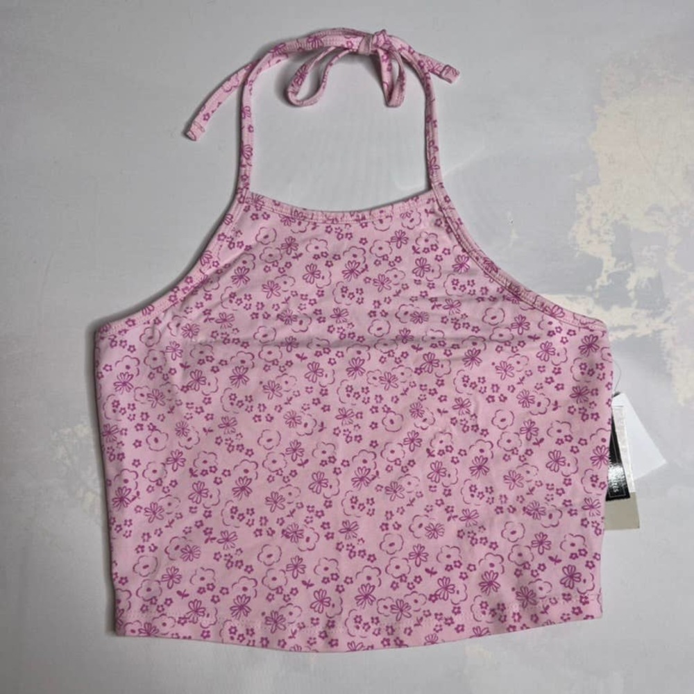 NWT BP Pink Daisy Sakura Floral Halter Neck Tie Crop Top Sz M